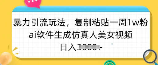 暴力引流玩法，复制粘贴一周1w粉，ai软件生成仿真人美女视频，日入多张_久创网