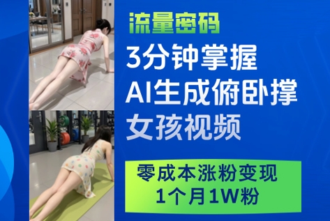 3分钟掌握AI生成俯卧撑女孩视频，零成本涨粉变现，1个月1W粉_久创网