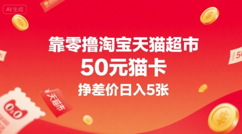靠零撸淘宝天猫超市50元猫卡，挣差价日入5张_久创网