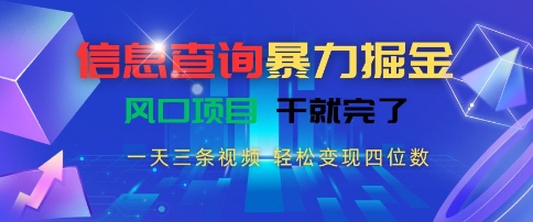 信息查询暴力掘金，一天三条视频，轻松变现四位数，风口项目干就完了【揭秘】_久创网