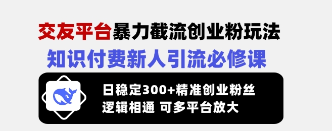 交友平台暴力截流创业粉玩法，知识付费新人引流必修课，日稳定300+精准创业粉丝，逻辑相通可多平台放大_久创网