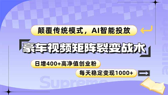 豪车视频矩阵裂变战术，颠覆传统模式，AI智能投放，日增400+高净值创业..._久创网
