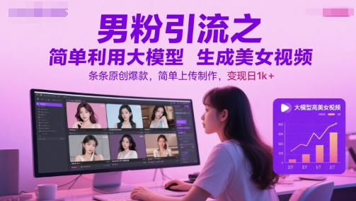 男粉引流之简单利用大模型生成美女视频，条条原创爆款，简单上传制作，变现日1k+_久创网