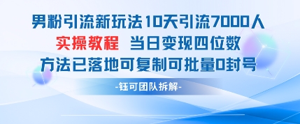 男粉引流新玩法10天引流7000人当日变现四位数可复制可批量0封号_久创网