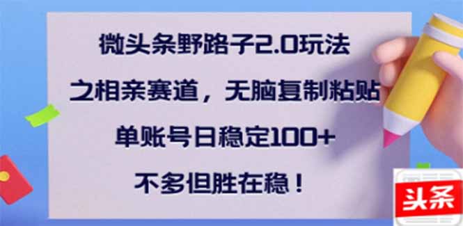 微头条野路子2.0玩法之相亲赛道，无脑搬砖复制粘贴，单账号日稳定300+..._久创网