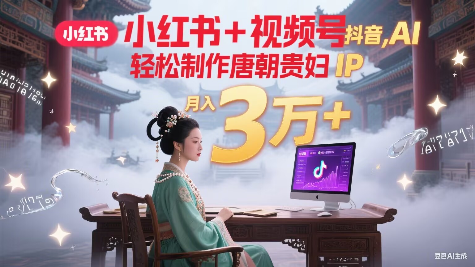 小红书+视频号+抖音，AI轻松制作唐朝贵妇IP，毒鸡汤、励志、减肥瘦身、养生赛道轻松切入，每天30分钟，轻松产出N条，月入3万+_久创网