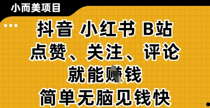 小而美的项目，抖音小红书B站视频点赞、关注、评论就能挣钱，简单无脑立见收益，妥妥的零撸项目【揭秘】_久创网